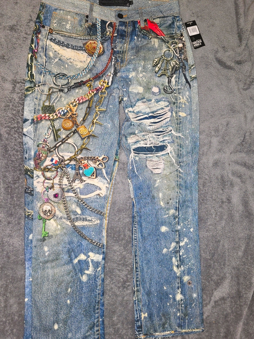 Men's Straight Leg Distressed Blue Jeans with Decorative Chain Charm Detail New